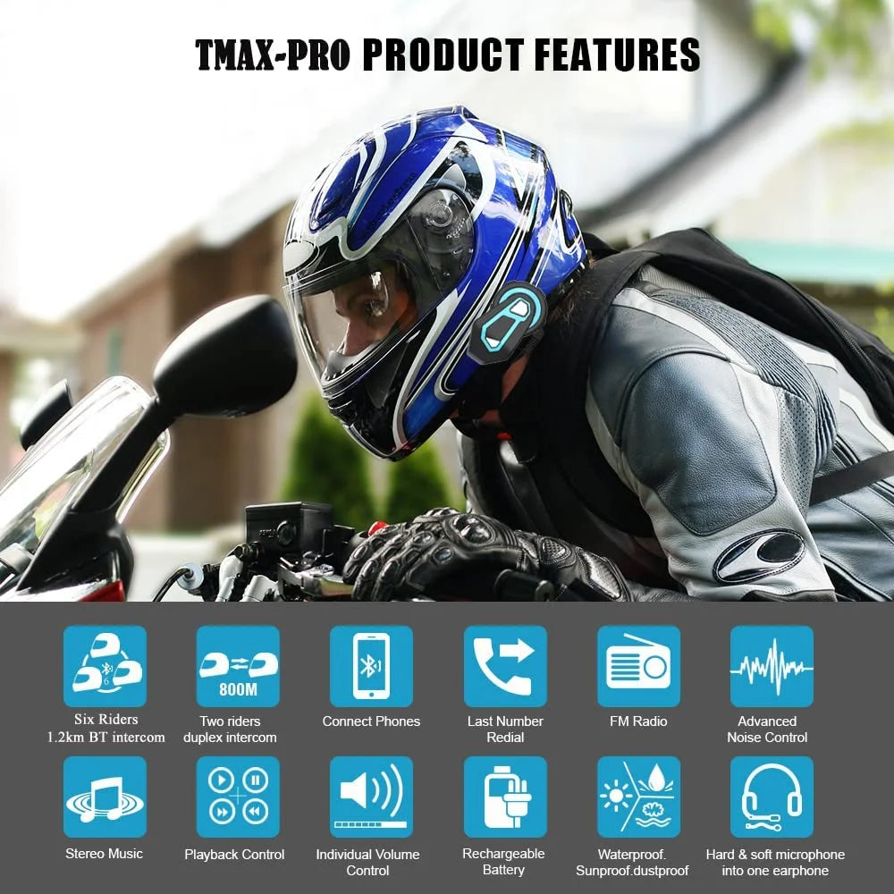 2PCS Motorcycle Bluetooth Intercom System for Helmet 6 Riders 1500M B60856