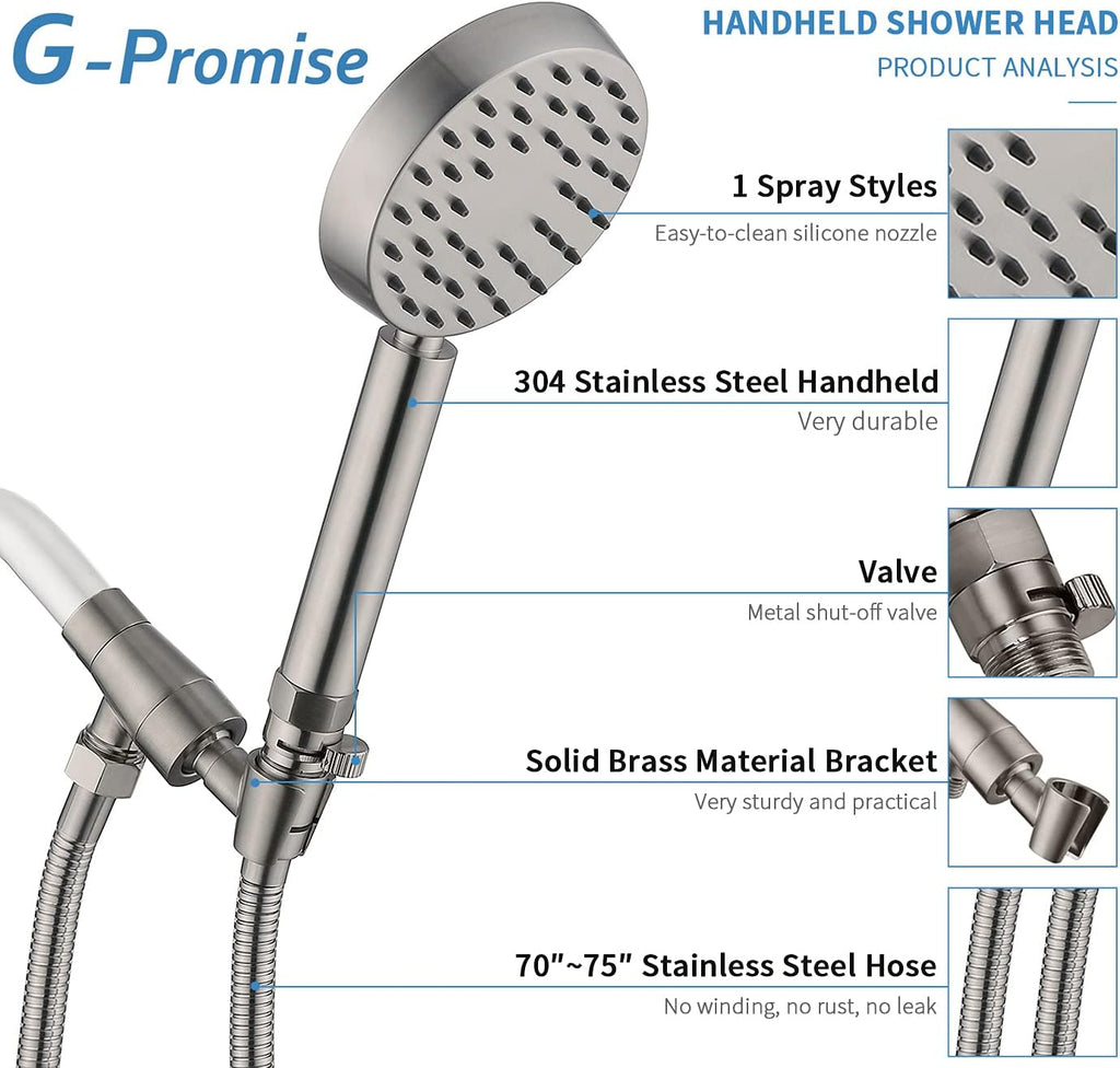 Brushed Nickel Handheld Shower Head with Stainless Steel Hose & Brass Holder, Pack of 2 H862