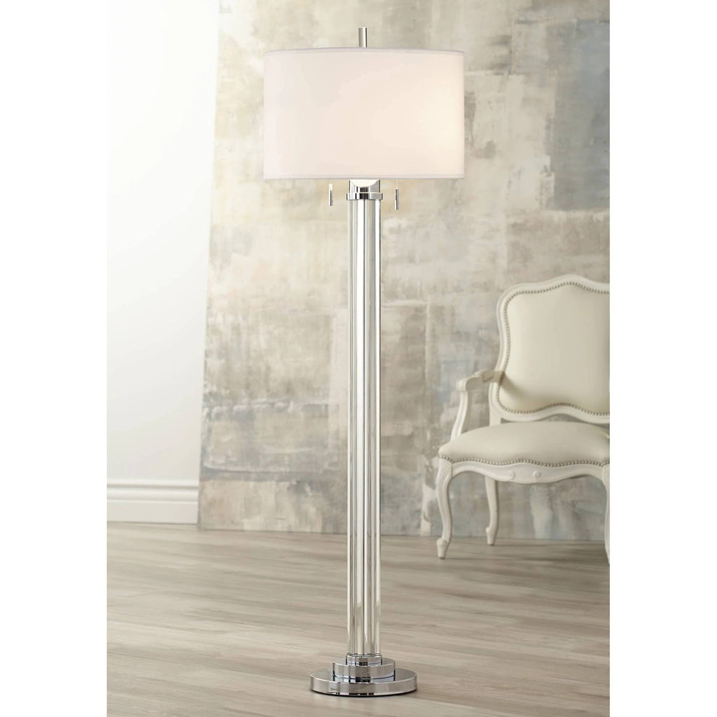 Modern Floor Lamp Steel Crystal Glass Column Linen Drum Shade E89631