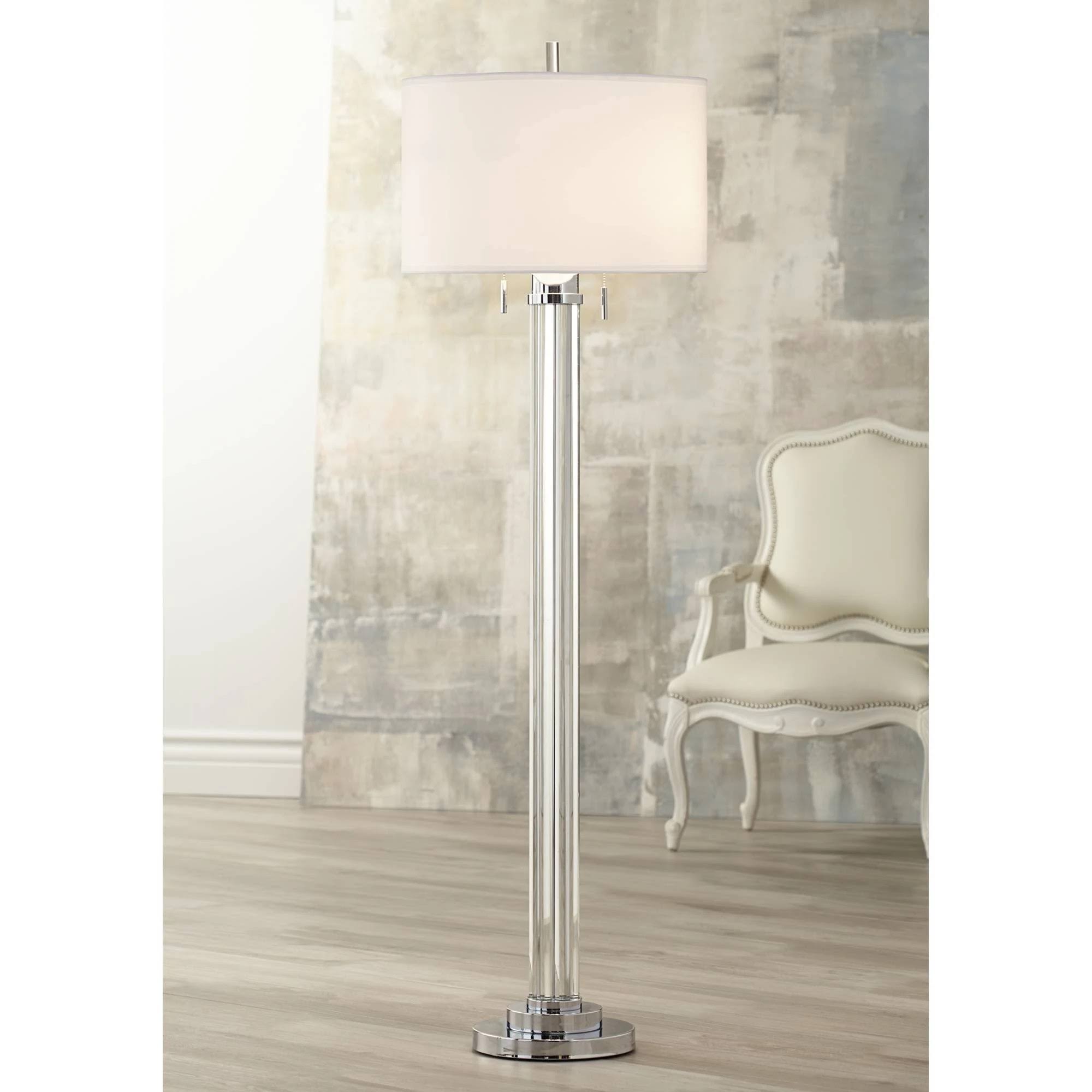 Modern Floor Lamp Steel Crystal Glass Column Linen Drum Shade E89631