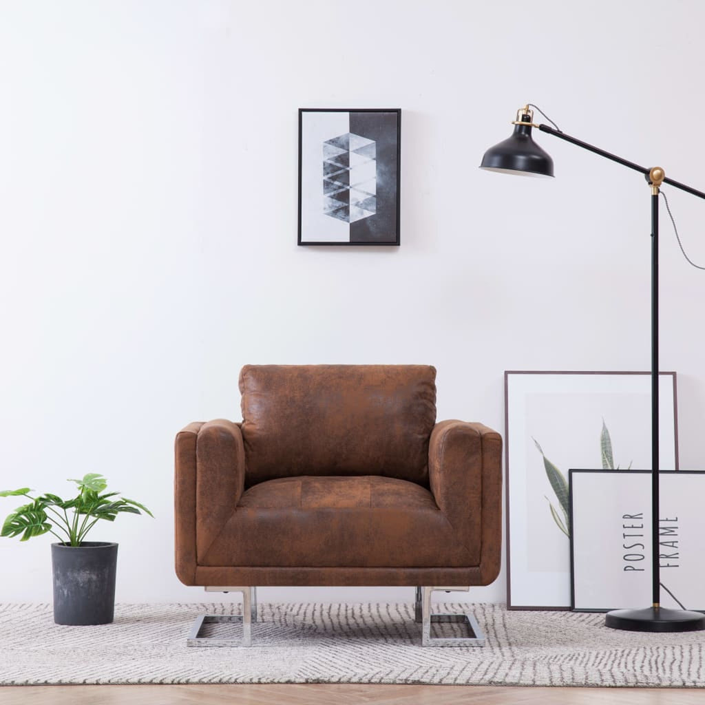 Cube Armchair Faux Suede Leather Upholstery Chair with Chrome Feet Brown L382983