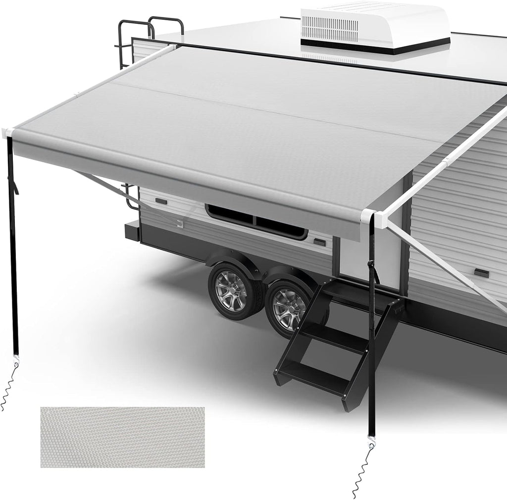 RV Awning Replacement Fabric with Anchor Kits & Pull Tension Strap, Gray Z356