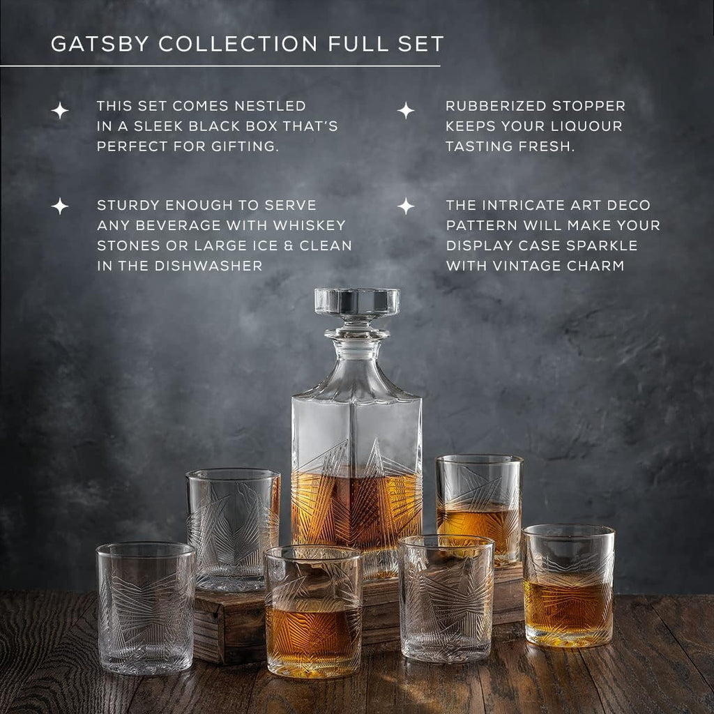 Whiskey Decanter and 6PC Glasses Set, 27 oz Airtight Glass Decanter, Set of 6 Old Fashioned Rocks Glasses V10066