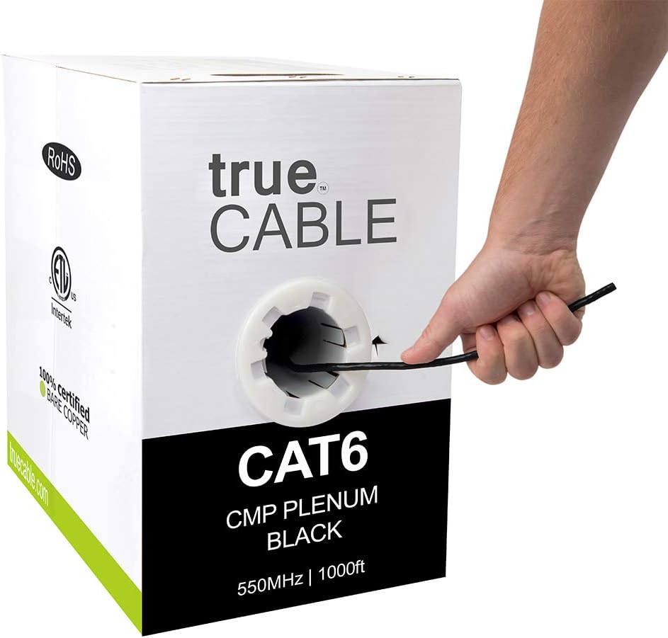 Cat6 Plenum 1000ft Black 23AWG 4 Pair Solid Bare Copper Bulk Ethernet Cable D772