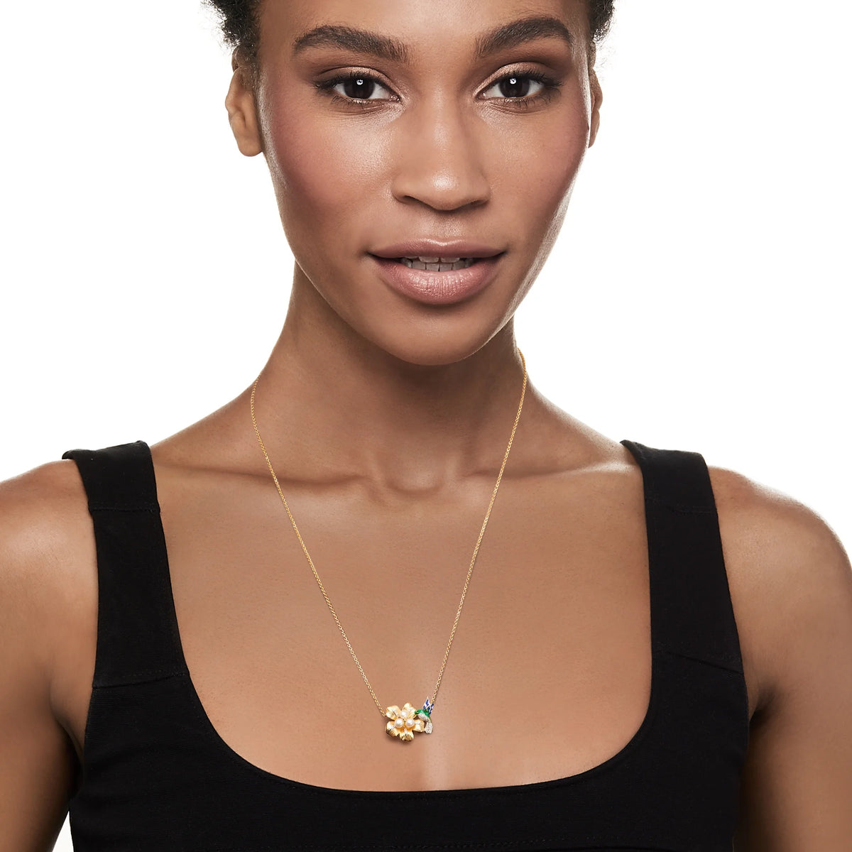 Cultured Pearl and Diamond Hummingbird and Flower Necklace With Enamel in 18kt Gold Over Sterling X73294