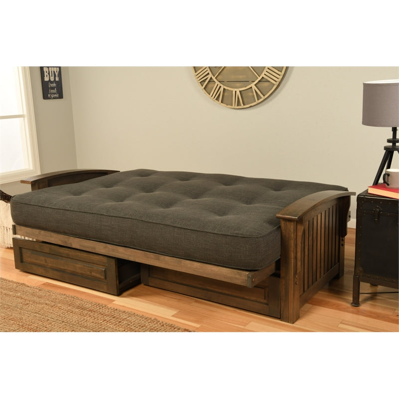Walnut Futon with Drawers and Suede Blue Mattress Q31071