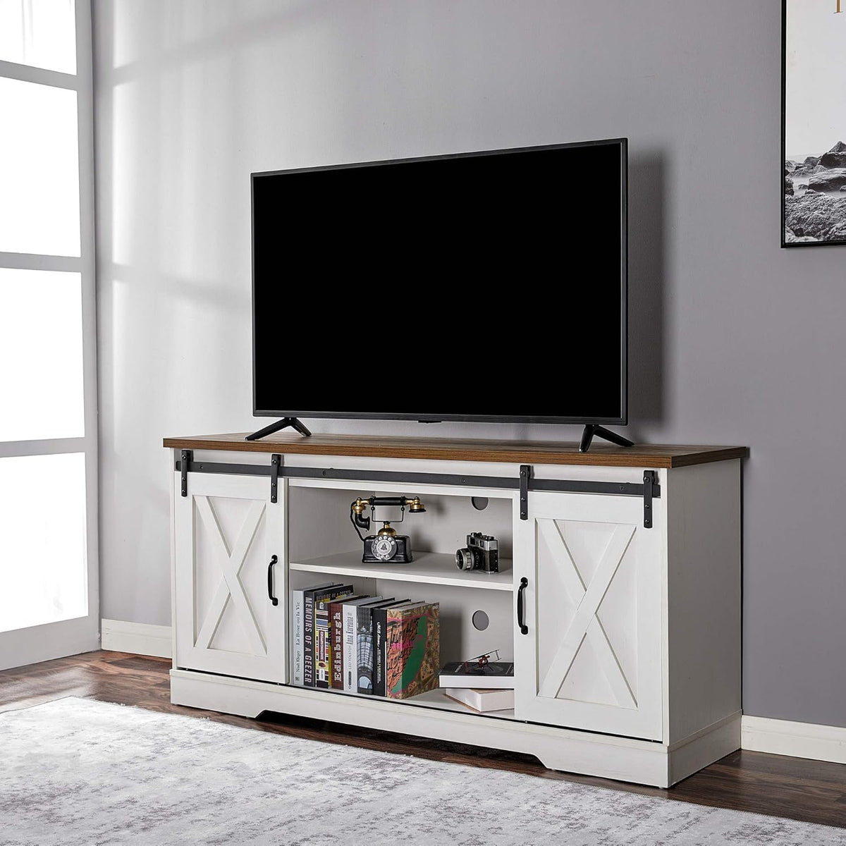 Distressed White Wood TV Stand with Sliding Barn Door O789359