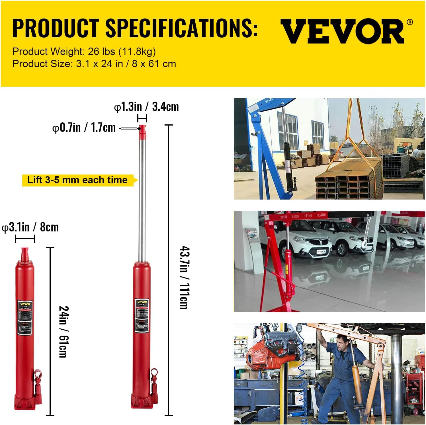 Hydraulic Long Ram Jack, 12 Tons Capacity, Red, Pack of 2 M9868