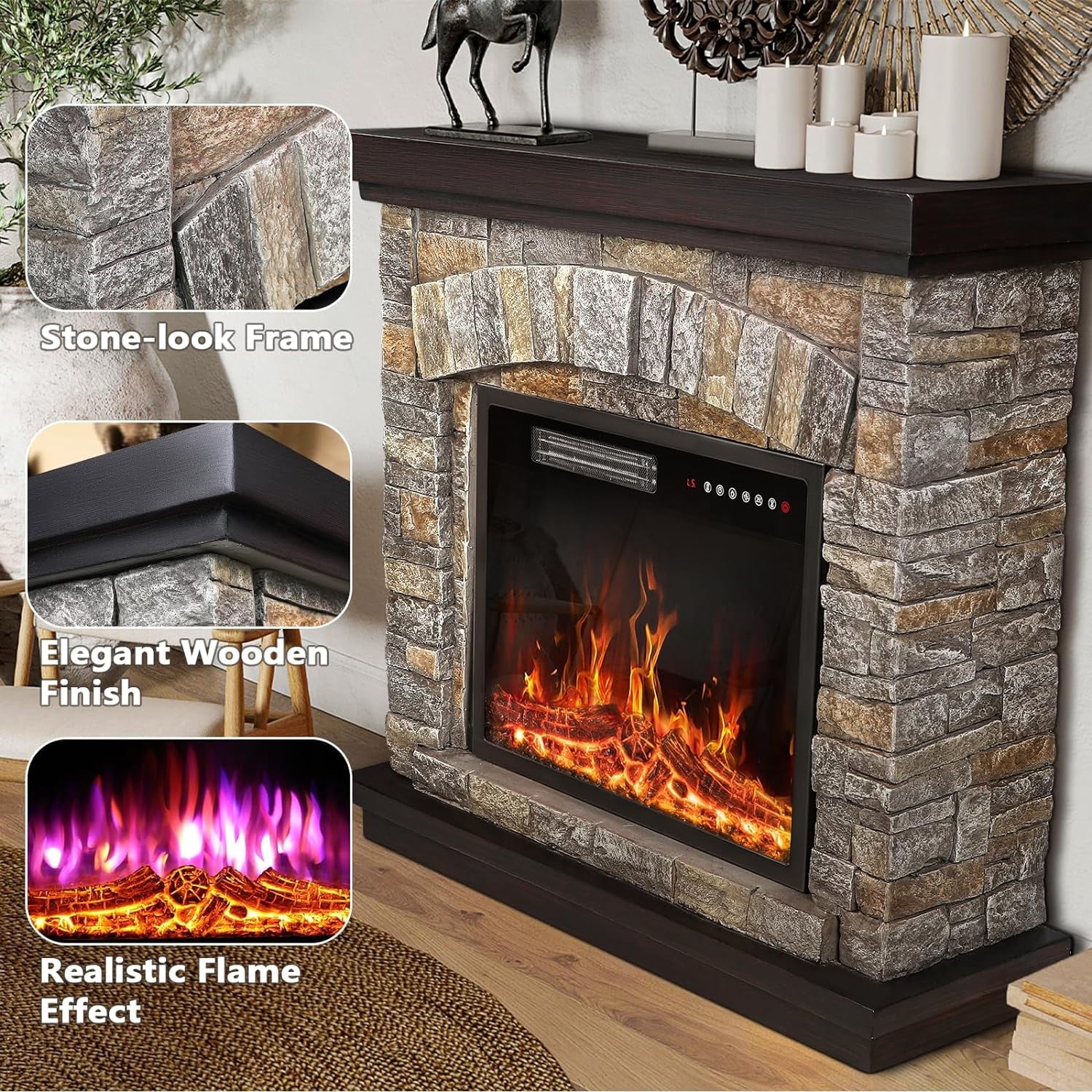 Electric Fireplace with Mantel, 36 inch Freestanding Stone Fireplace Heater TV Stand P170