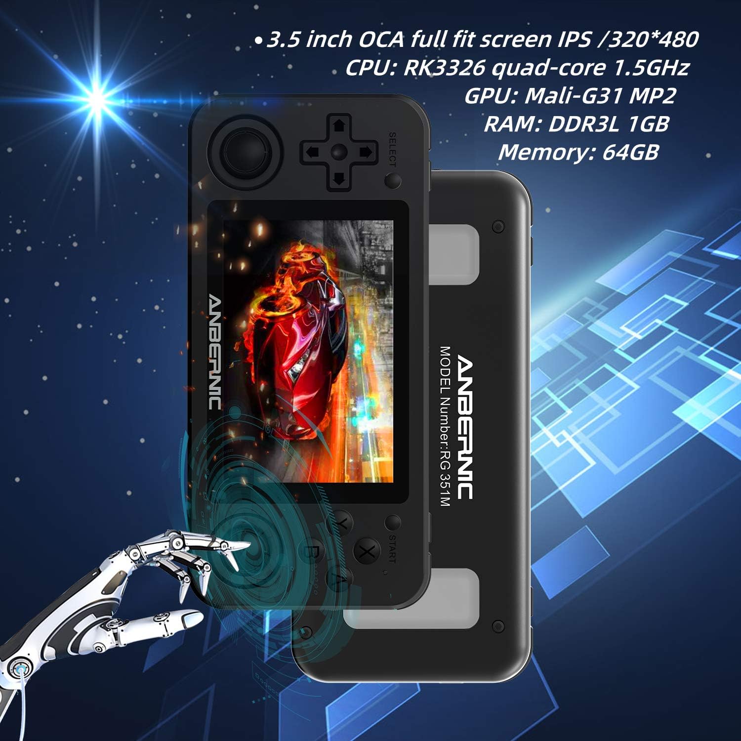 Black Handheld Game Console with 64G TF Card 2500 Classic Games 3.5 inch IPS Screen E953