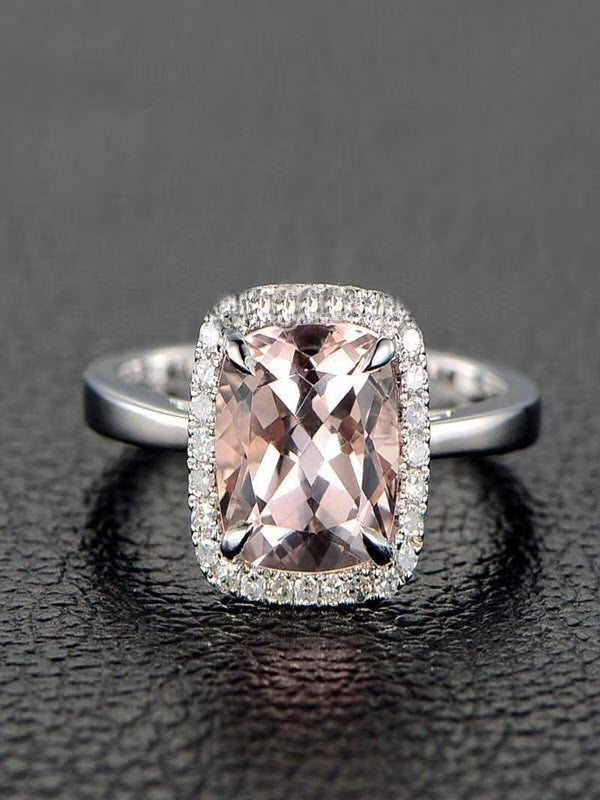 1.25 Carat Cushion Cut Peach Pink Morganite and Diamond Halo Engagement Ring in 10k White Gold F4254