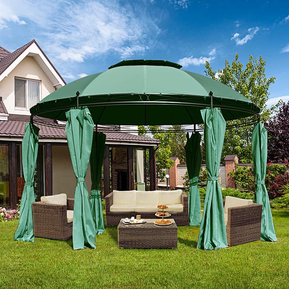 Beige Hexagonal Steel Frame Gazebo with Lift Shade Curtains A347