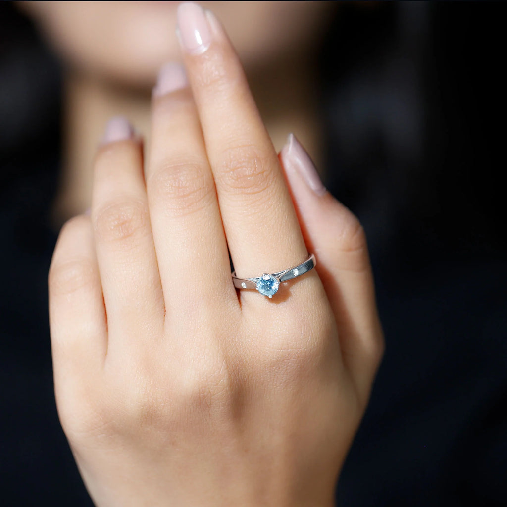 Aquamarine Solitaire Ring with Diamond, 925 Sterling Silver O215736