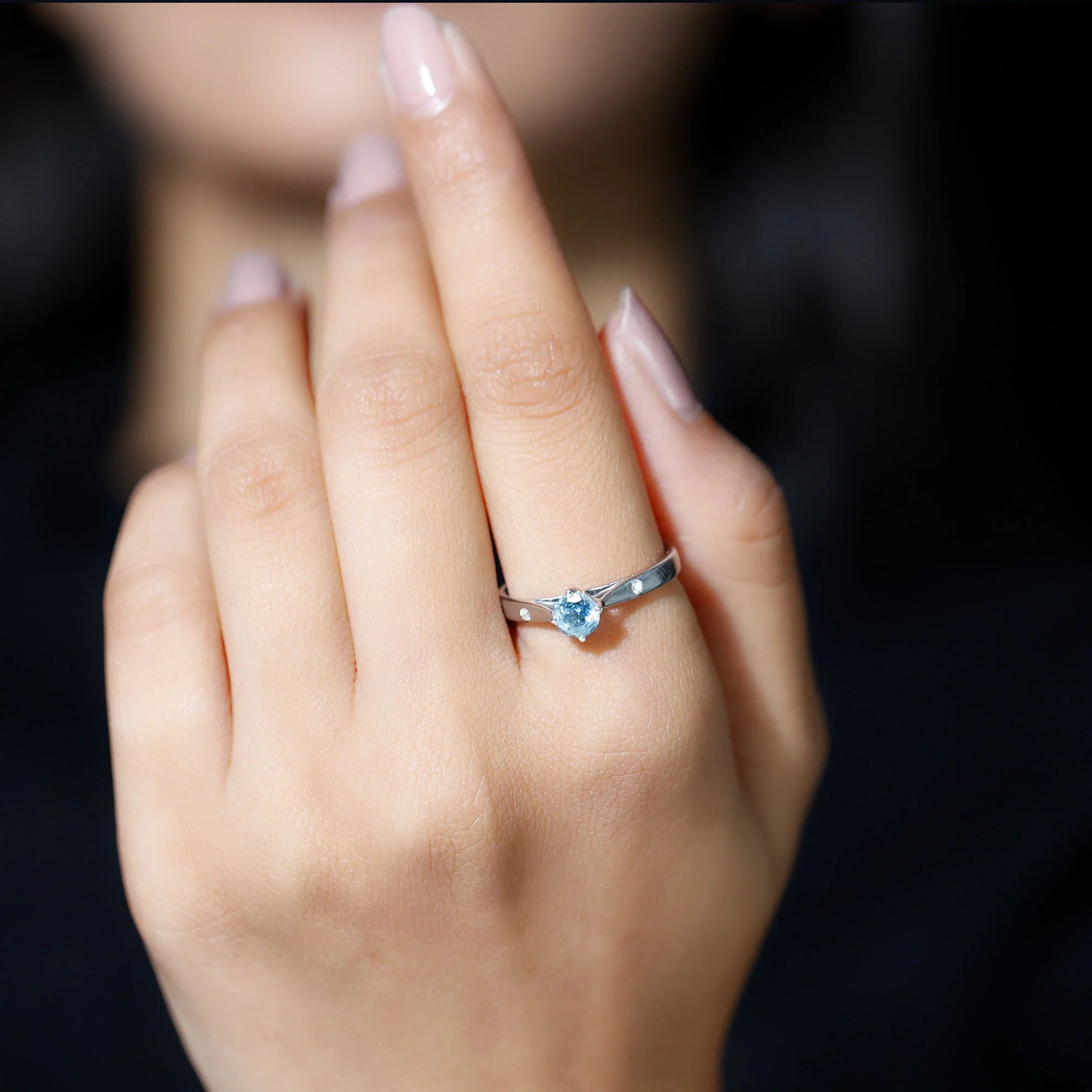 Aquamarine Solitaire Ring with Diamond, 925 Sterling Silver O215736