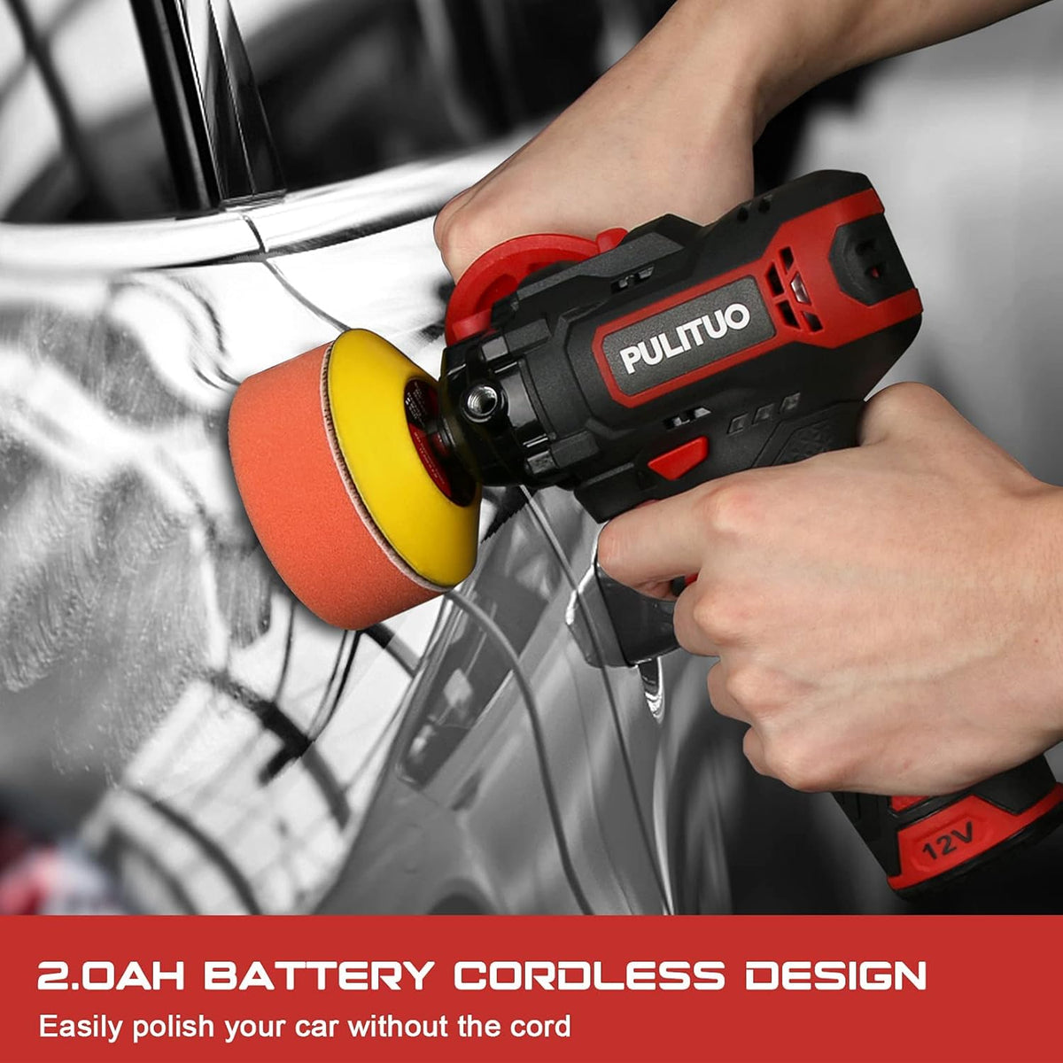 12V Cordless Car Buffer Polisher, 3 Inch, 2600-7800 RPM, 2.0Ah Battery, 8 Polishing Pads R99055