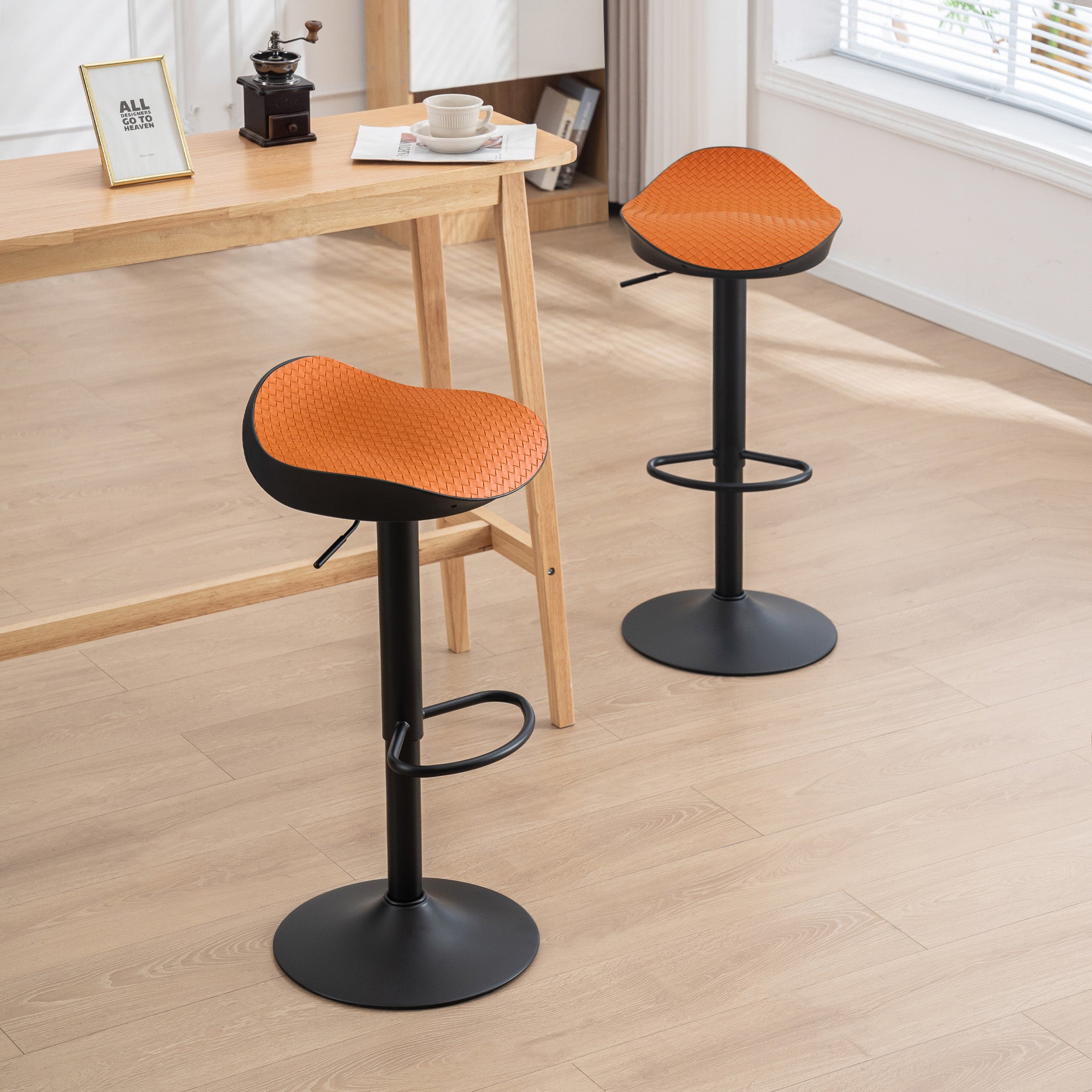 Orange Set of 2 Height Adjustable PU Leather Bar Stools N705
