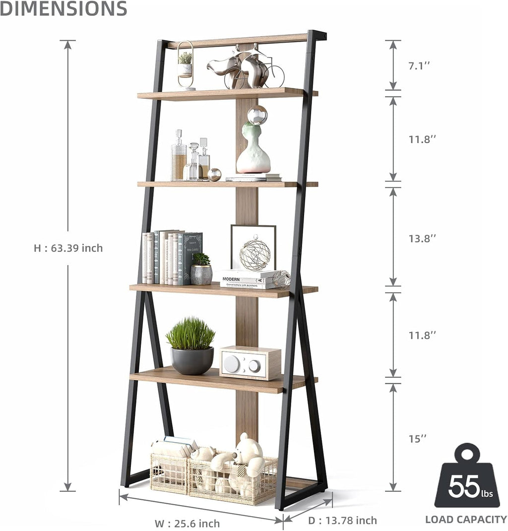Rustic Brown 4 Tier Wood and Metal Leaning Bookcase P808627