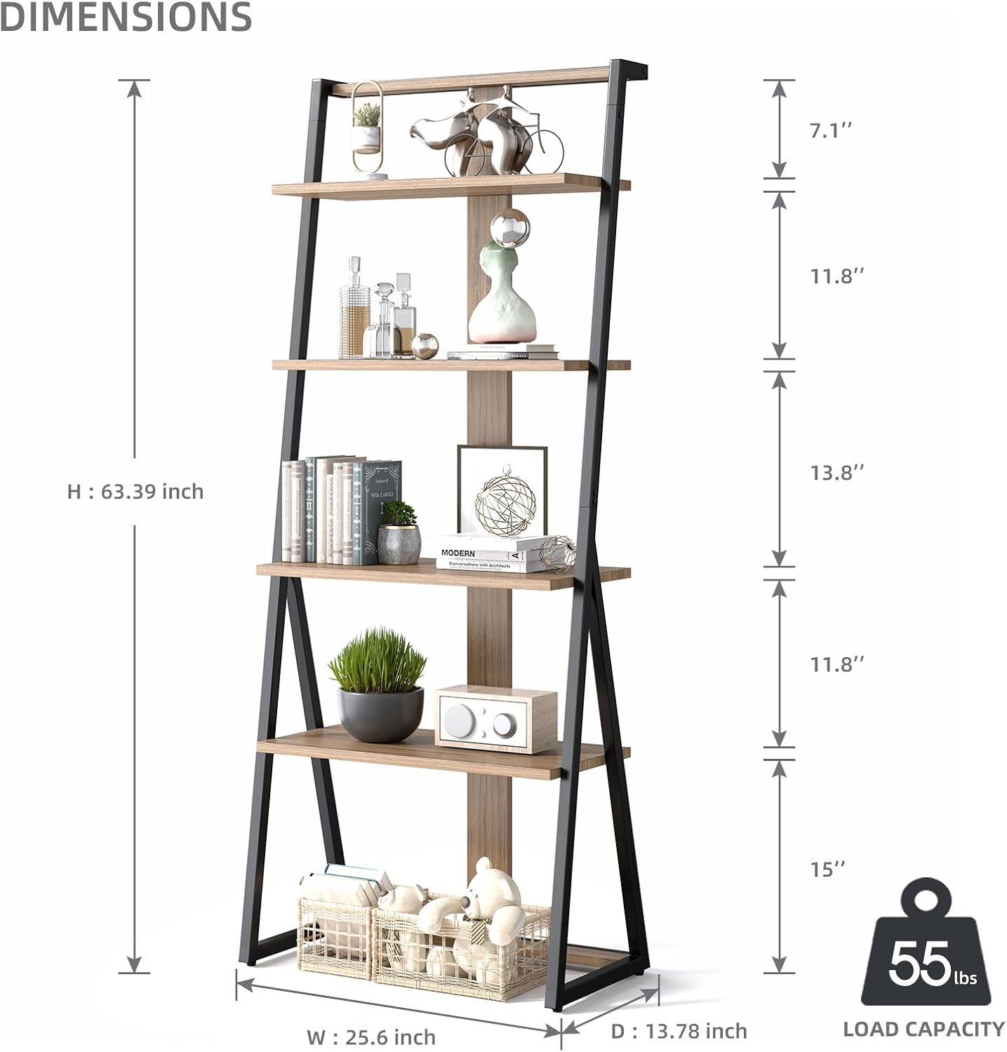 Rustic Brown 4 Tier Wood and Metal Leaning Bookcase P808627