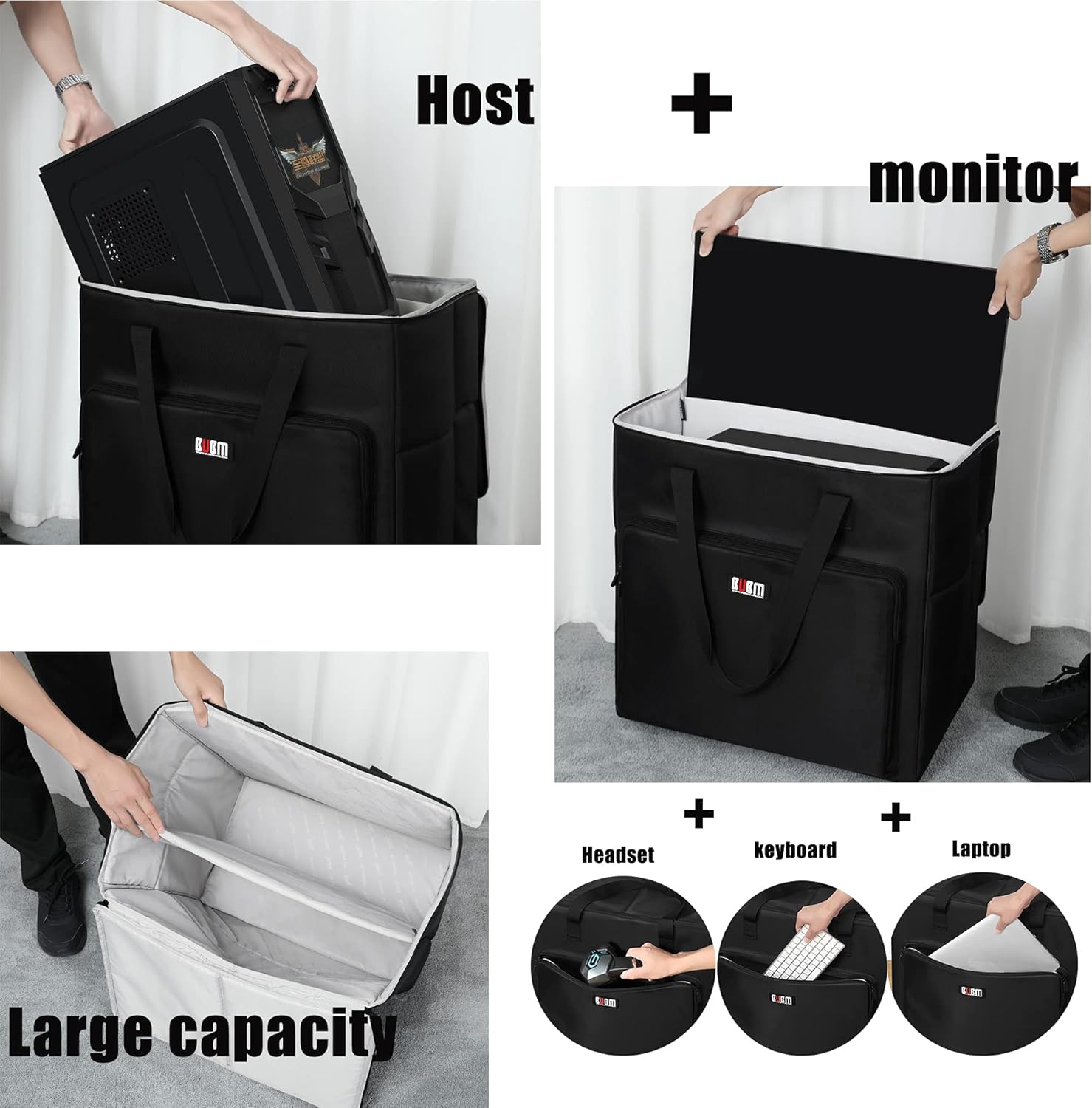 Black Rolling PC Travel Storage Tote Bag with Wheels for Tower Case, Monitor up to 27 inch, Keyboard, Headphone and Mouse Z185952