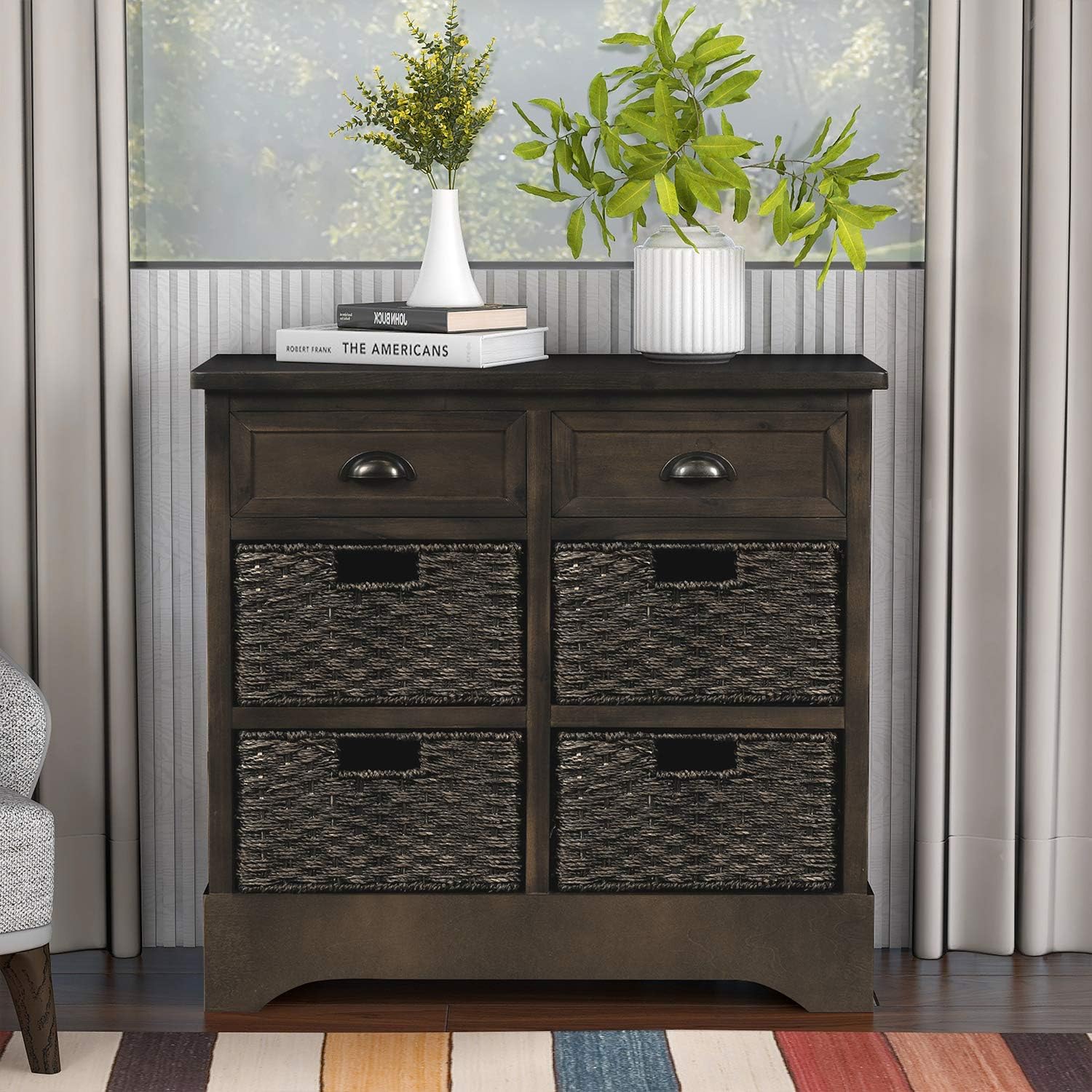 Rustic Storage Cabinet with Two Drawers and Four Fabric Basket (Antique Navy) I200024