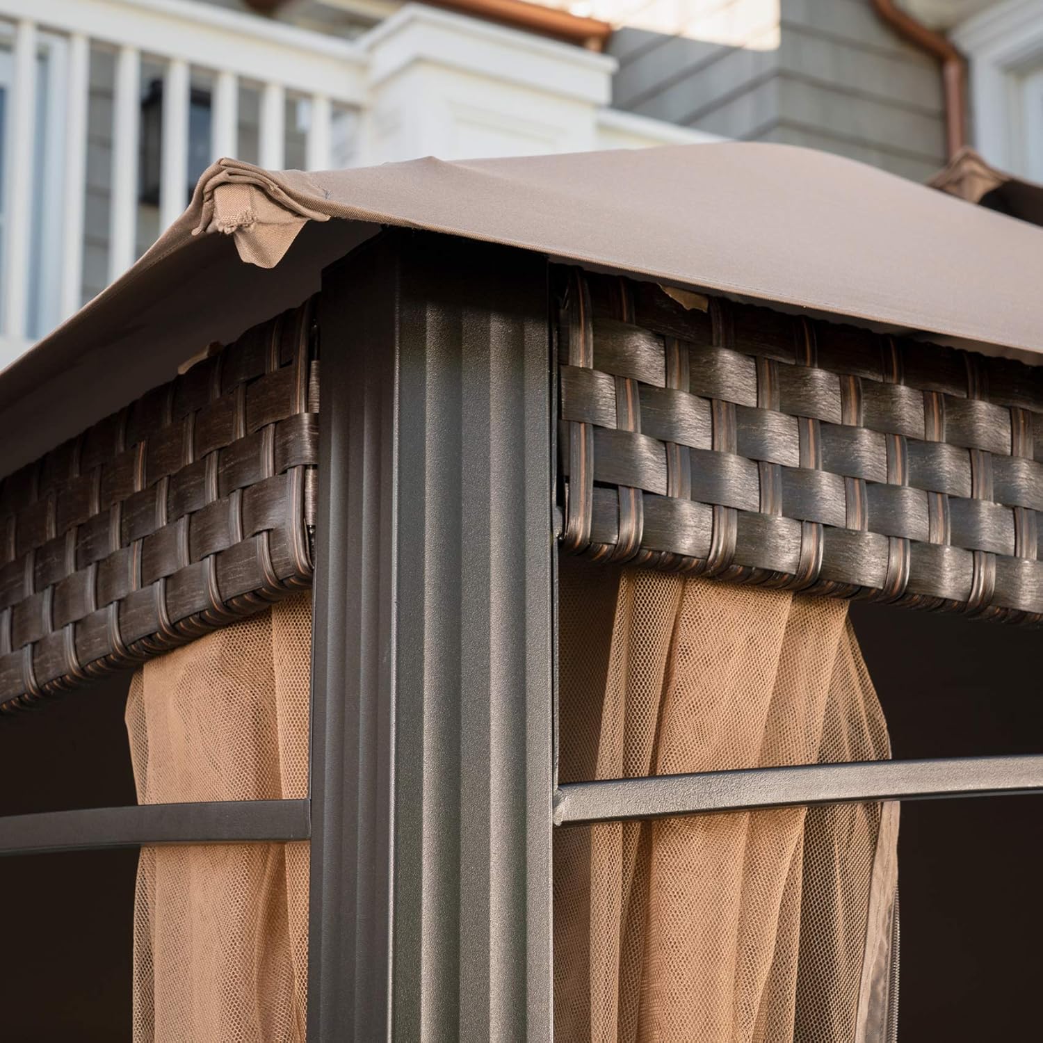 Tan Aluminum and Steel Gazebo with Mosquito Netting S23556