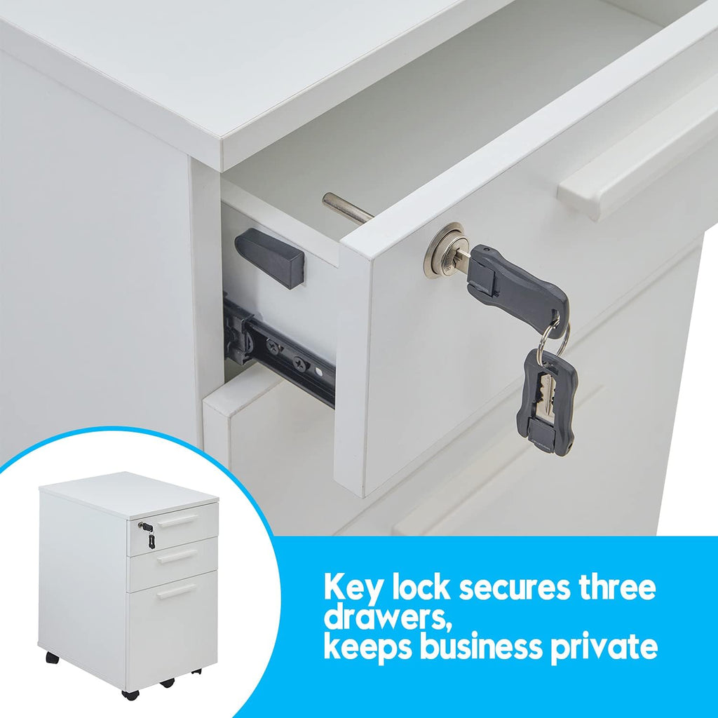 White 3-Drawer Filing Cabinet with Lock A147