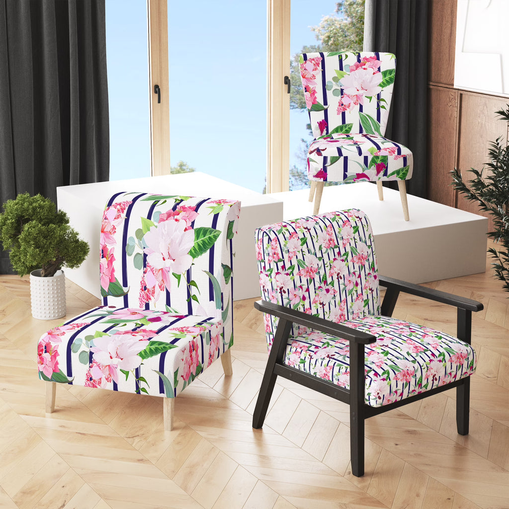 Pink and White Tropical Flowers Upholstered Accent Chair A795