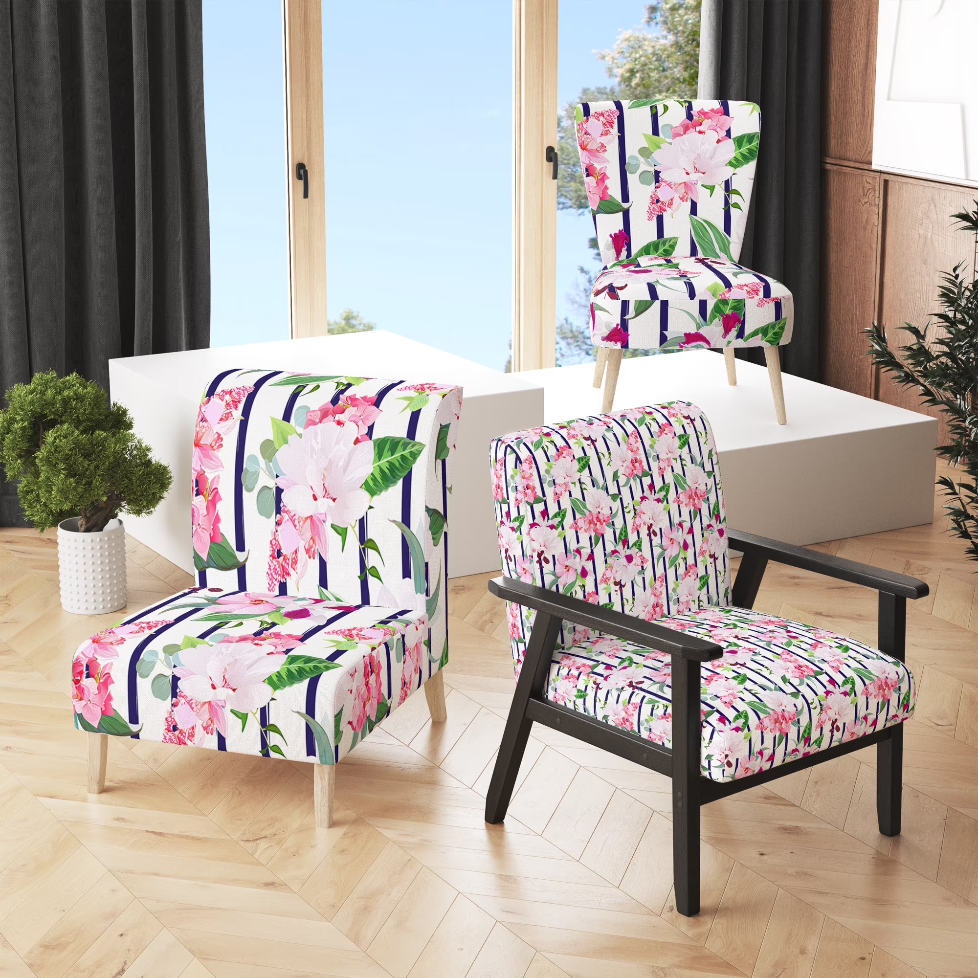 Pink and White Tropical Flowers Upholstered Accent Chair A795