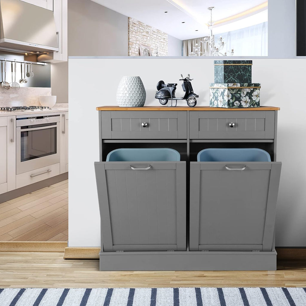 White Double Kitchen Trash Cabinet with Hideaway Drawers F93401