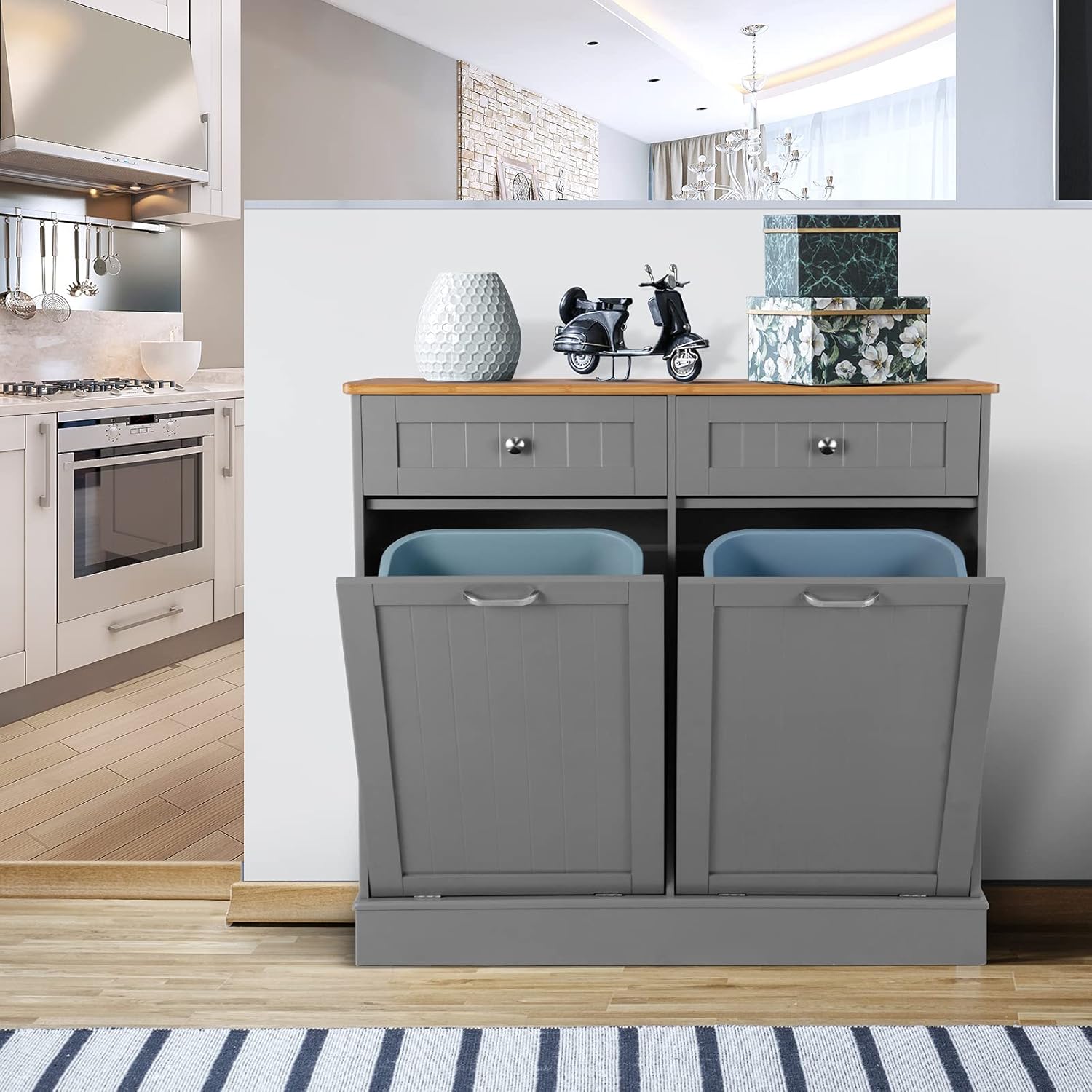 White Double Kitchen Trash Cabinet with Hideaway Drawers F93401