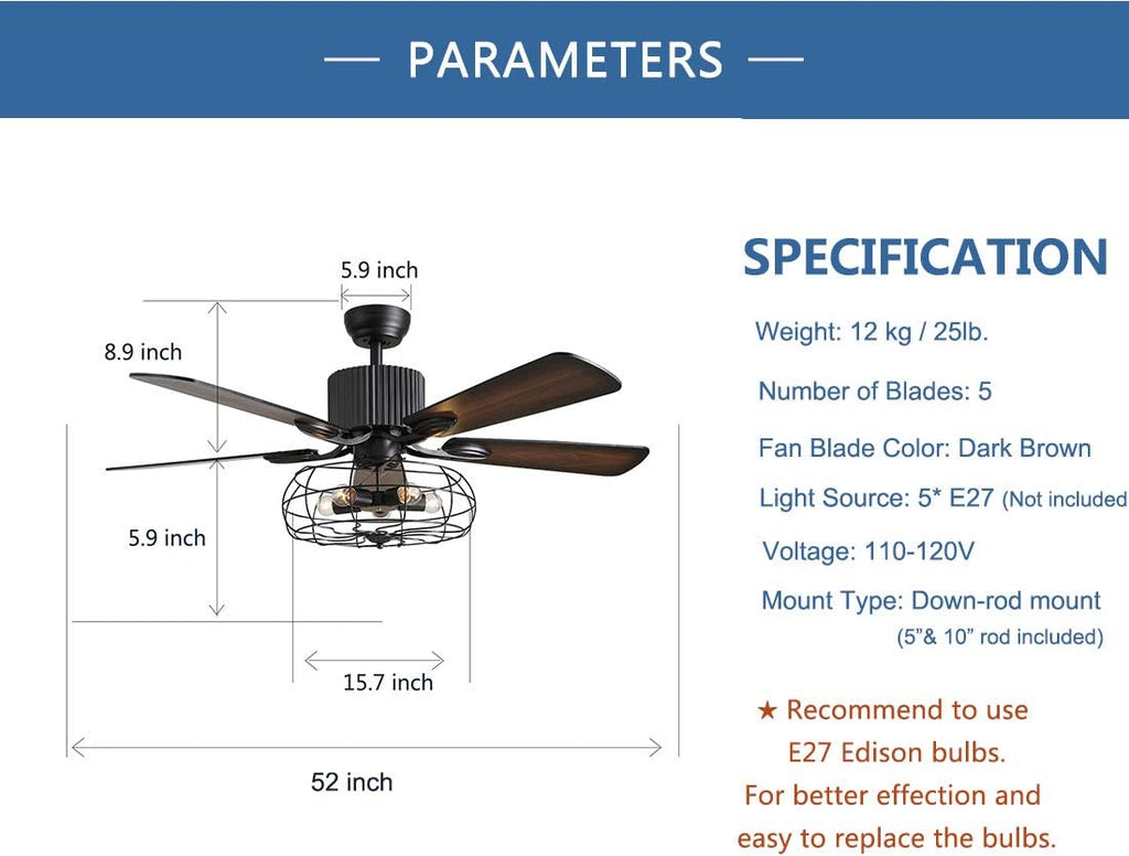 48 Retro Industrial Cage Ceiling Fan with Lights and Remote B374214