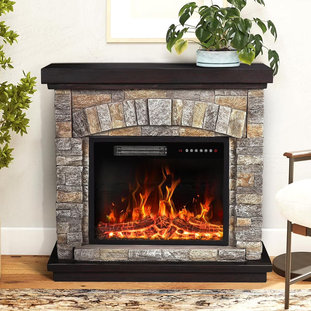 Electric Fireplace with Mantel, 36 inch Freestanding Stone Fireplace Heater TV Stand P170