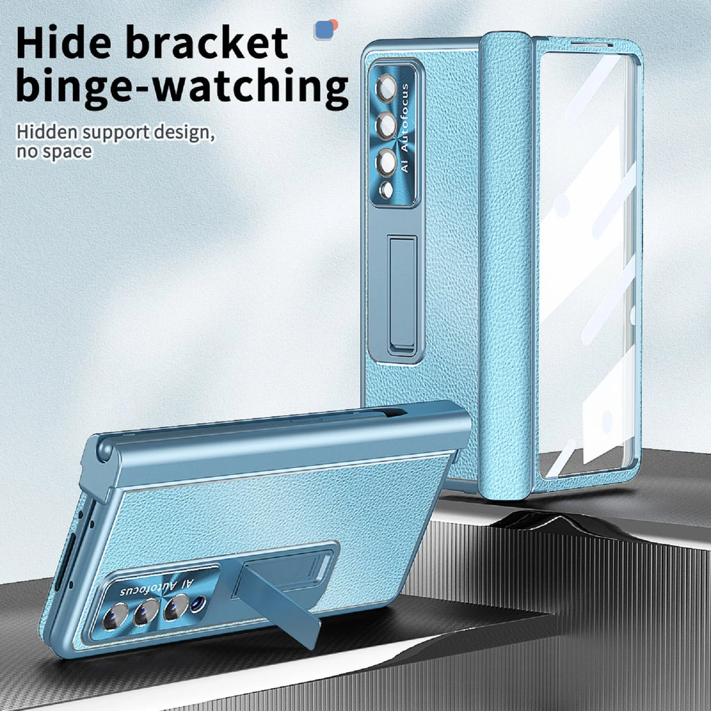 Blue Leather Kickstand Case with Tempered Glass Front Film T14755