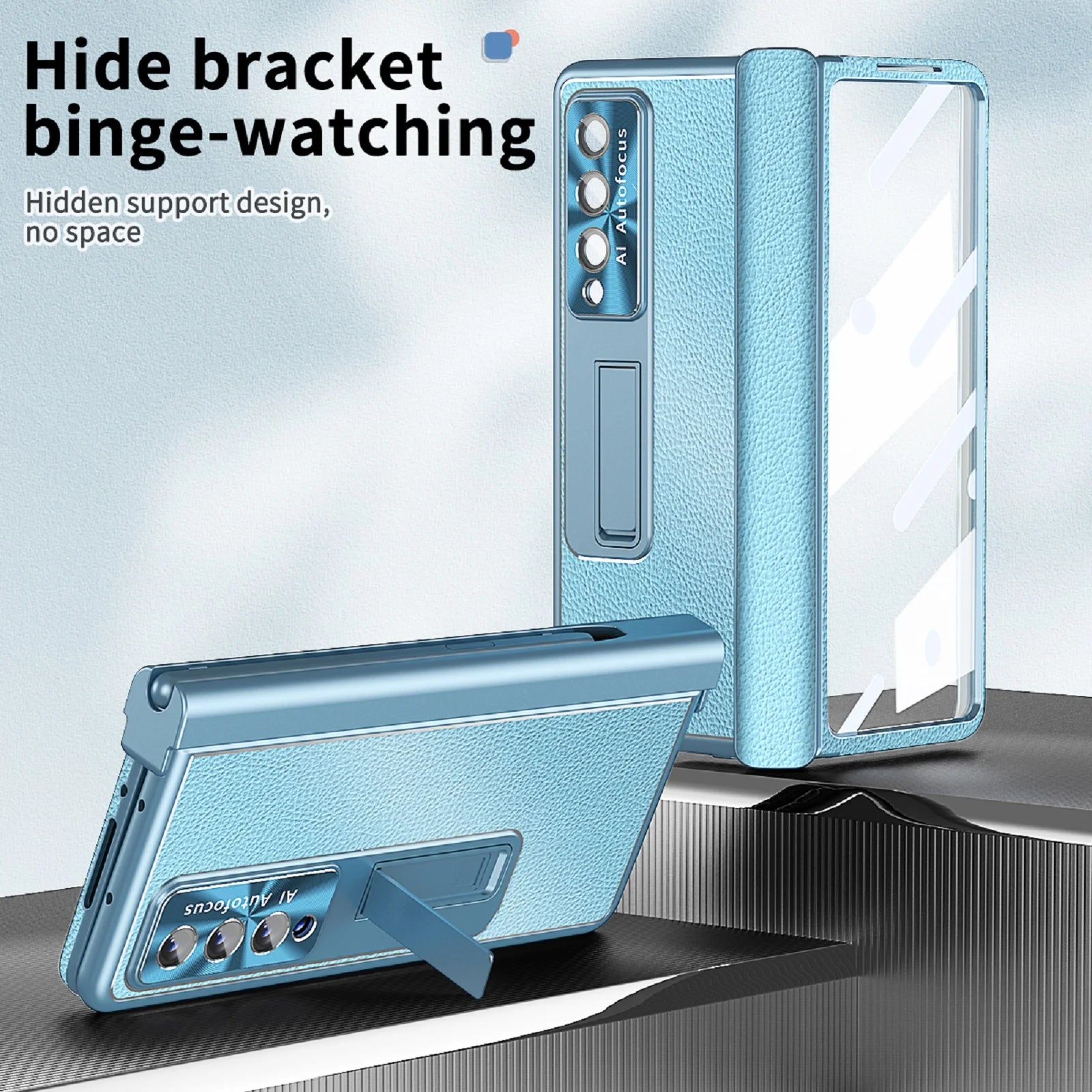 Blue Leather Kickstand Case with Tempered Glass Front Film T14755