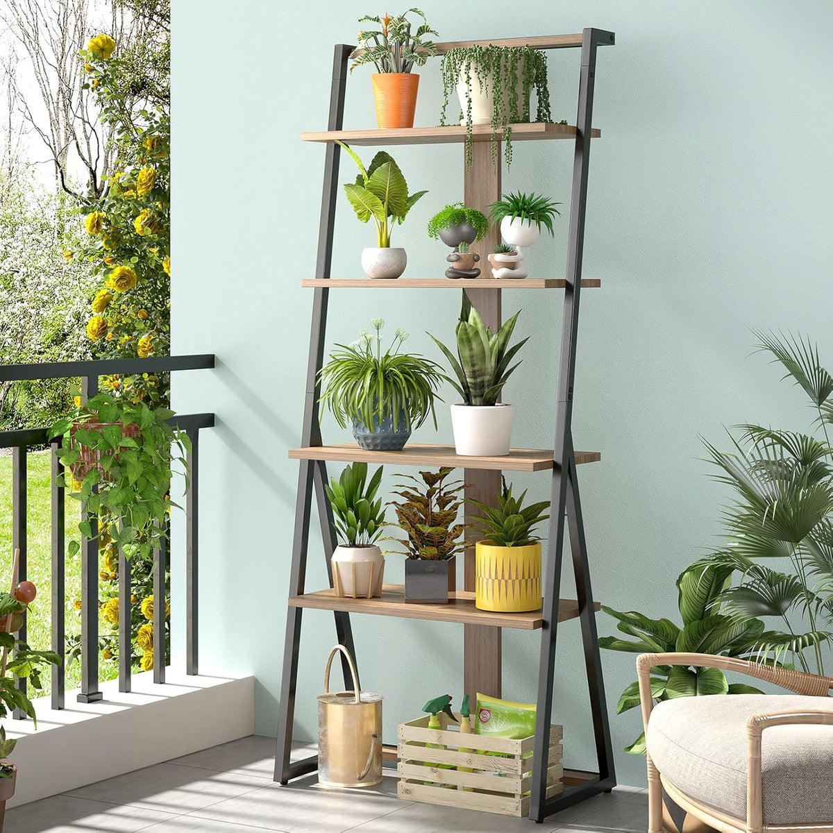 Rustic Brown 4 Tier Wood and Metal Leaning Bookcase P808627