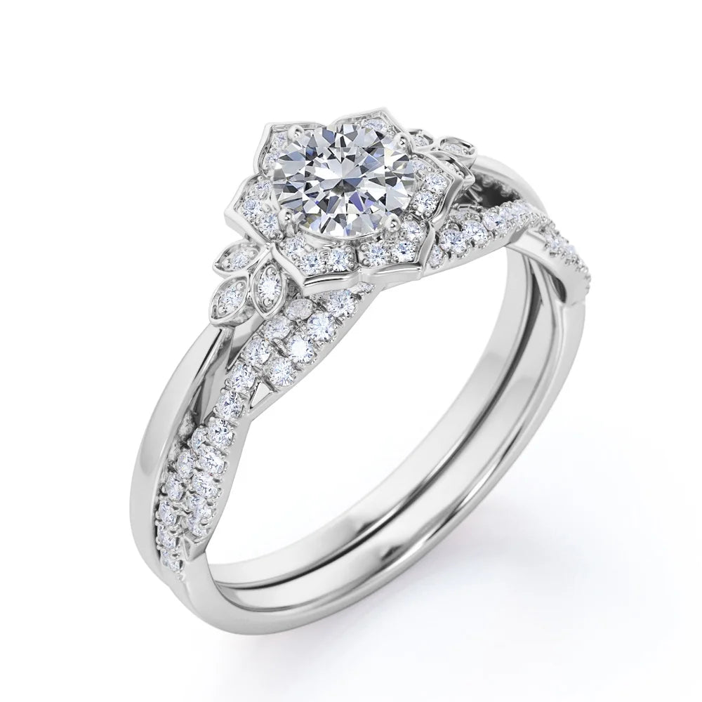 10K White Gold Diamond Twisted Band Wedding Ring Set T10423