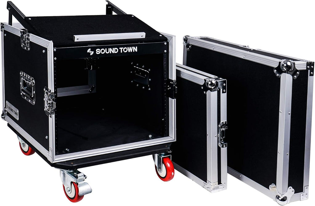 8U PA DJ Pro Audio Rack Road Case with 13U Slant Mixer Top and Casters U59129