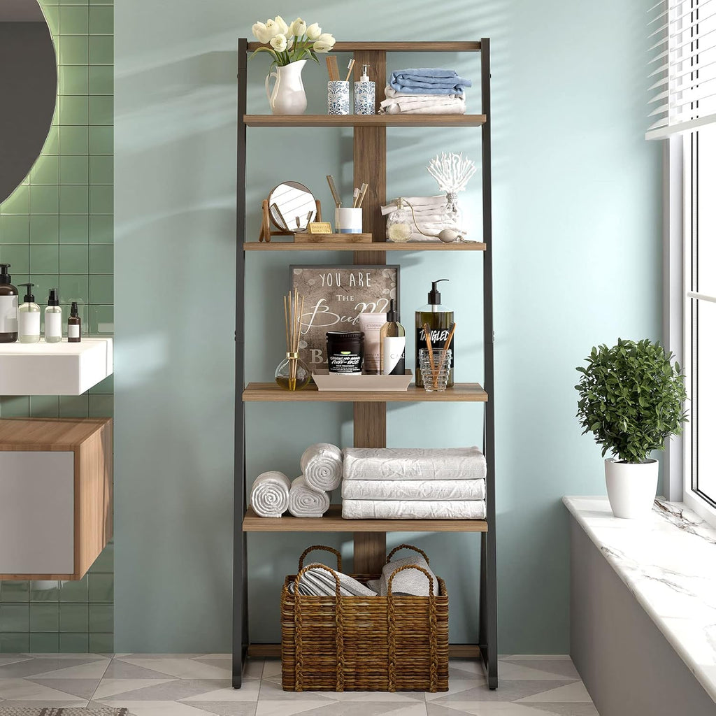 Rustic Brown 4 Tier Wood and Metal Leaning Bookcase P808627