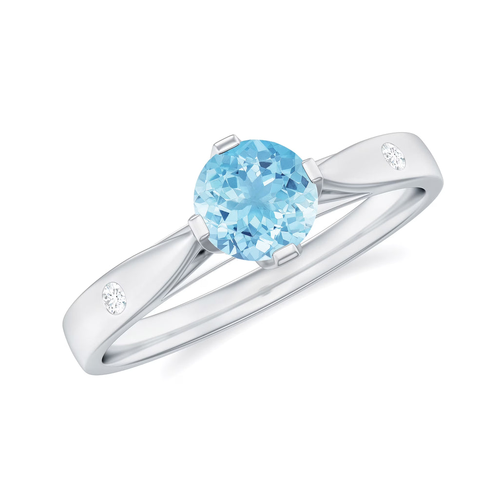 Aquamarine Solitaire Ring with Diamond, 925 Sterling Silver O215736