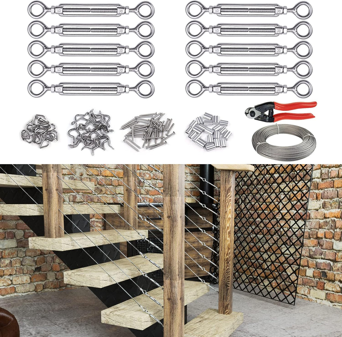 1/8 Cable Railing Kit Hardware Turnbuckle M5 Eye to Eye with 165Ft Wire Rope Stainless Steel Angle Adjustable 10 Cable Lines S62889