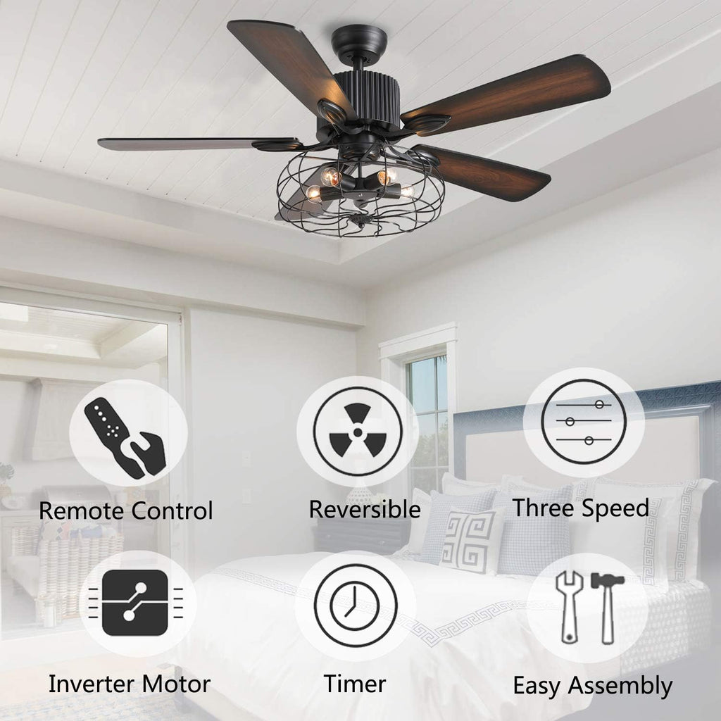 48 Retro Industrial Cage Ceiling Fan with Lights and Remote B374214