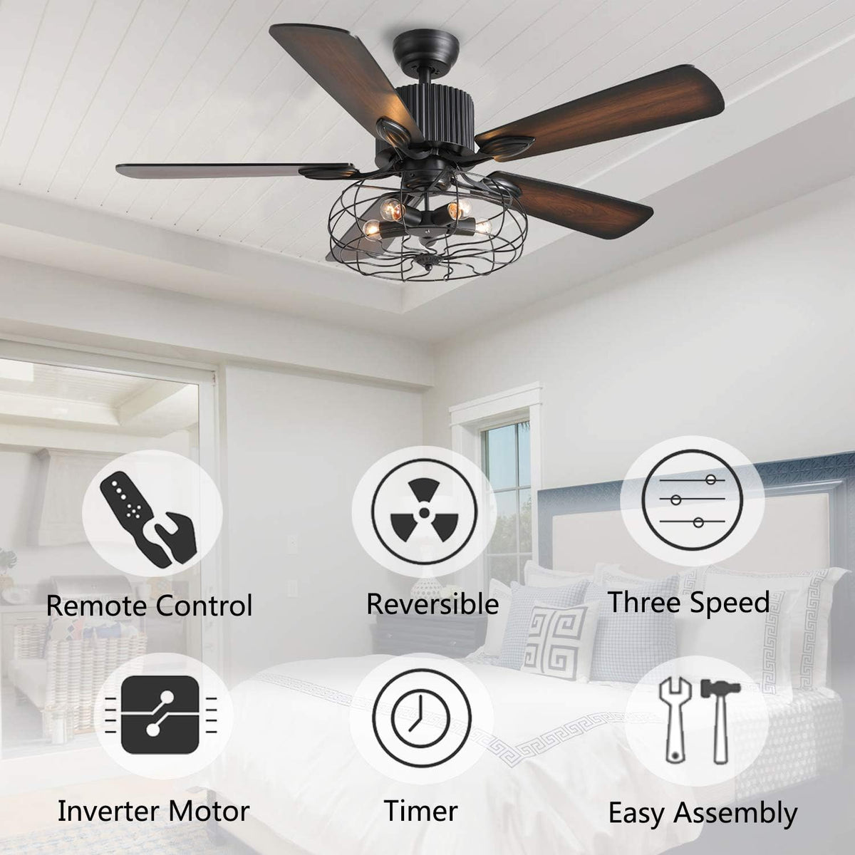 48 Retro Industrial Cage Ceiling Fan with Lights and Remote B374214