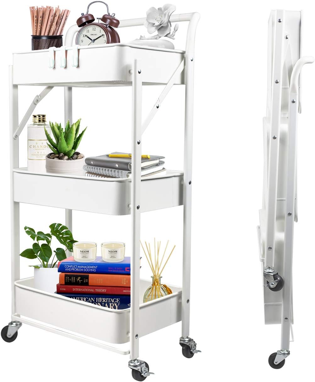 3-Tier Collapsible Rolling Utility Cart with Lockable Caster Wheels, Metal Storage Cart, Blue Yellow W947