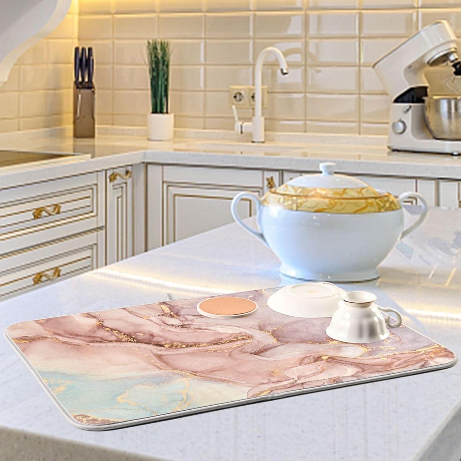 Gold Pink Marble Texture Dish Drying Mat 16x18Inch Q39245