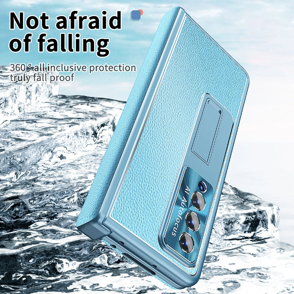 Blue Leather Kickstand Case with Tempered Glass Front Film T14755