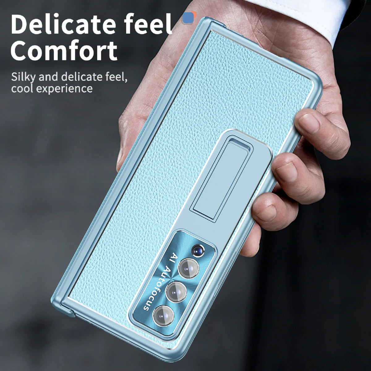 Blue Leather Kickstand Case with Tempered Glass Front Film T14755