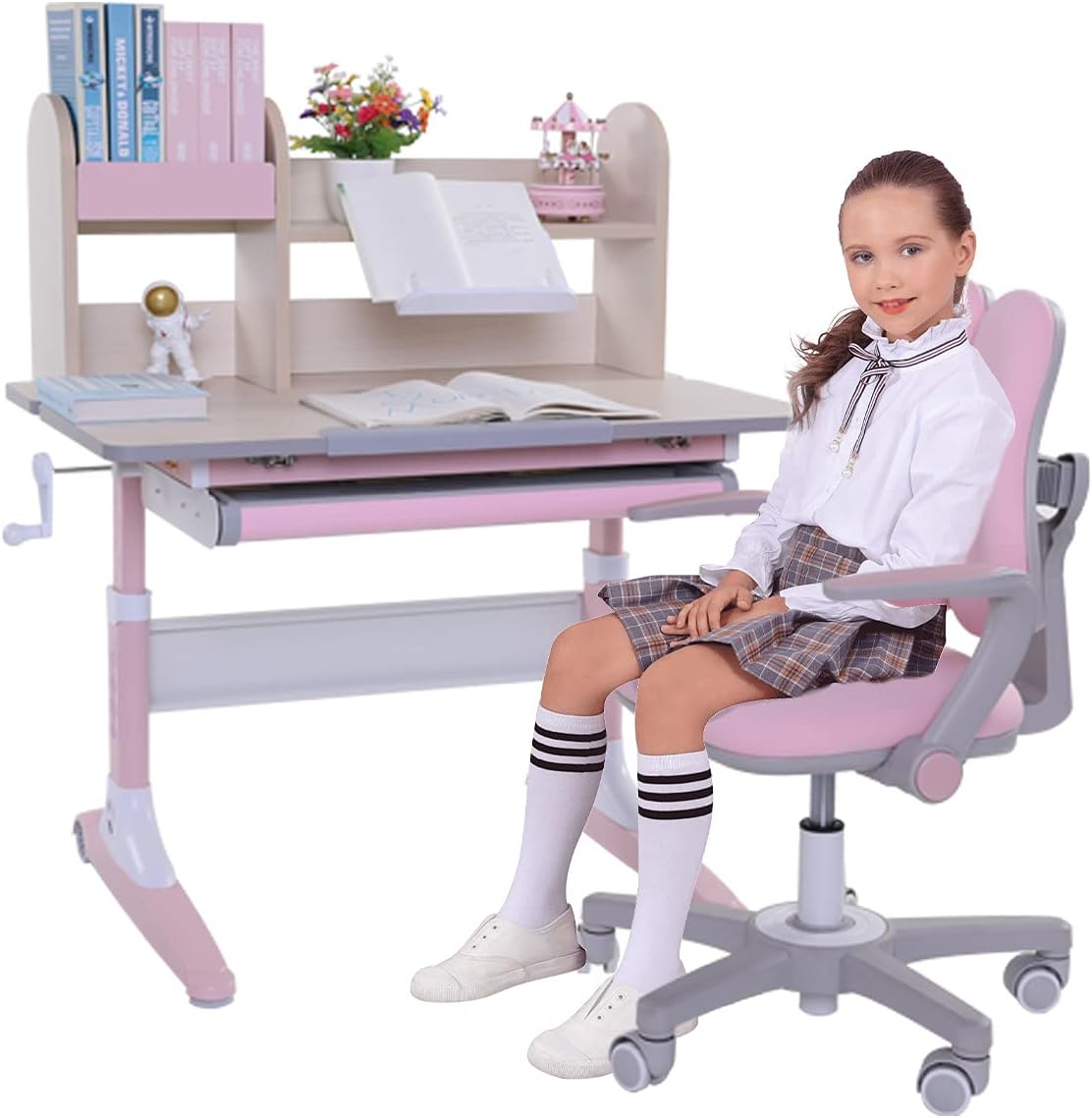 Pink Height Adjustable Ergonomic Kids Study Desk and Chair Set with Drawer and Bookshelf A1039